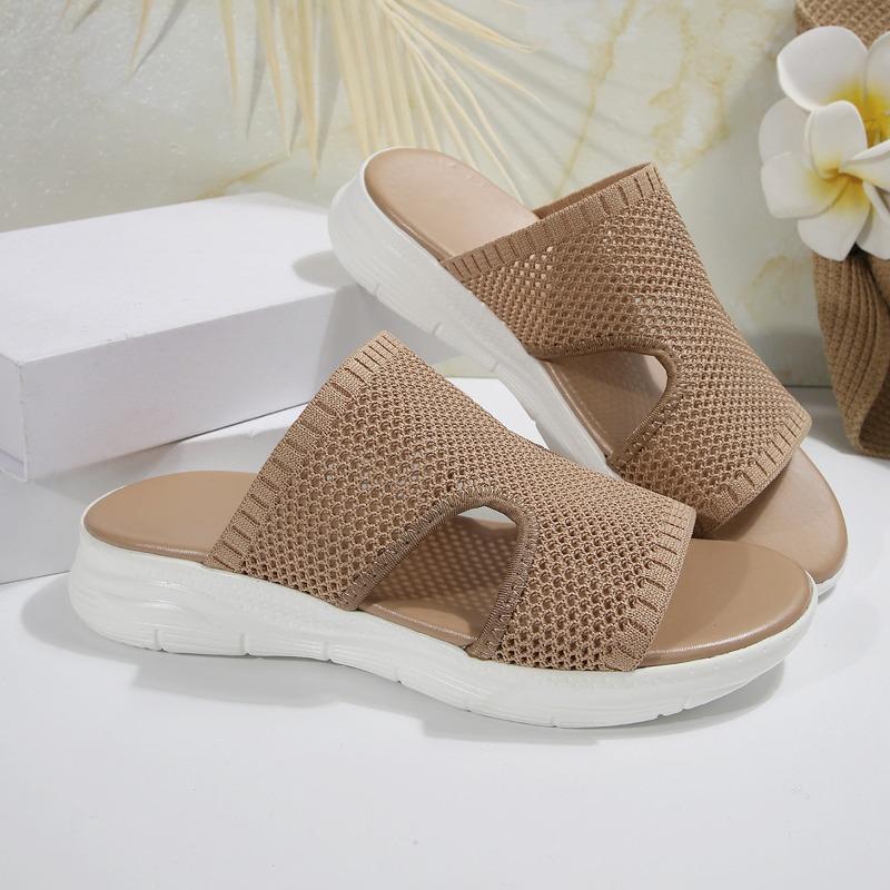 New large size fly-woven one-word hollow women's cool slippers slope heel fish mouth thick-soled slippers