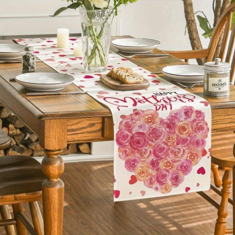 1pcs Happy Mother's Day Pink Tulip Love Heart Polyester Table Runner Spring Flowers Leaves Table Runners Dining Table Decoration
