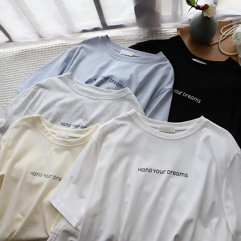

[Bi Zheng] 2025 Summer Korean Simplicity Letter Print Loose Round Neck Women s T-shirt One Size