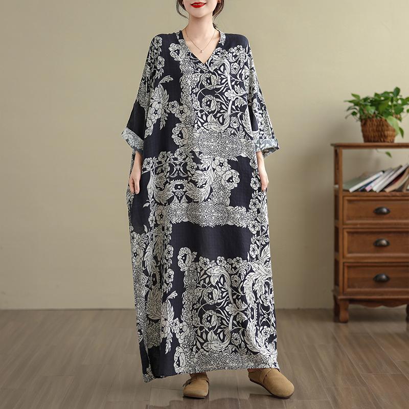 Dimanaf 2025 Women Plus Size Spring Long Dress Loose V-Neck Printing Vintage Casual Floral Oversize Long Sleeve 5027