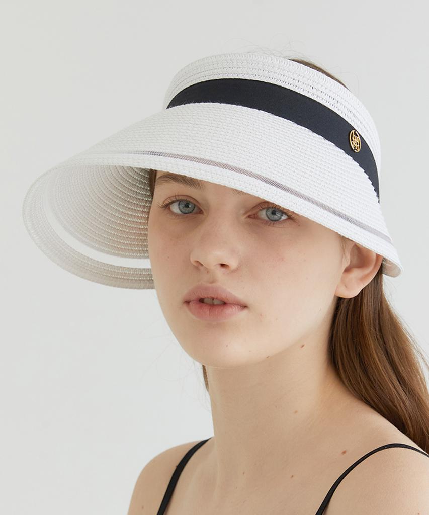 Hallen Mesh Ribbon Logo Pendant Raffia Sun Visor (C008_White)