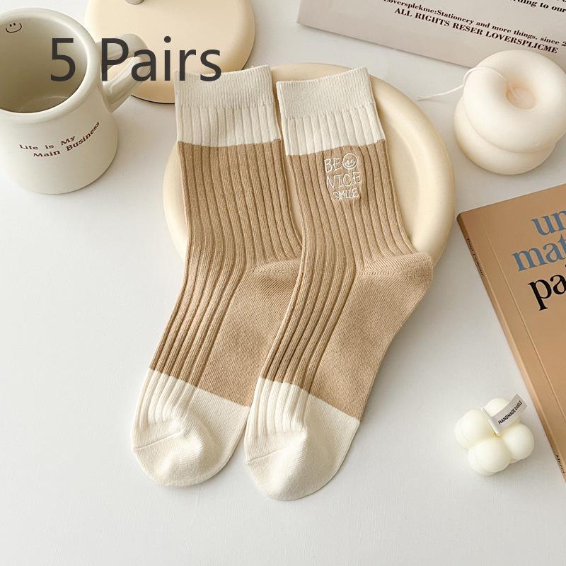 5 Pairs of Women's New Style Matching Color Letter Embroidery In The Tube Stack Socks