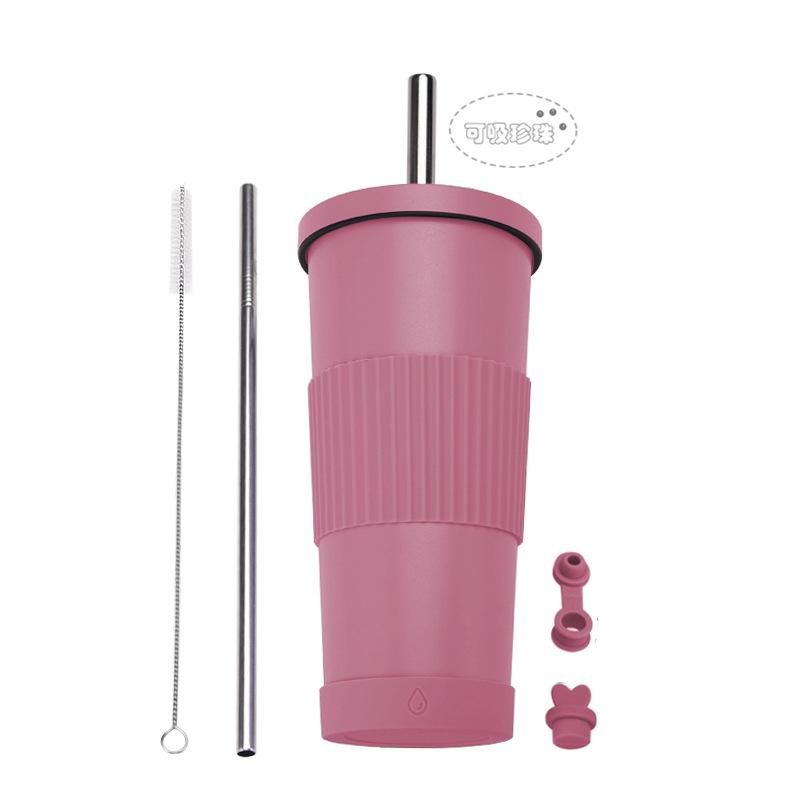 710Ml Bubble Tea Cup Non-Slip Double-Layer Stainless Steel Straw Cup Multi-Color Straw Thermal Insulation Water Cup