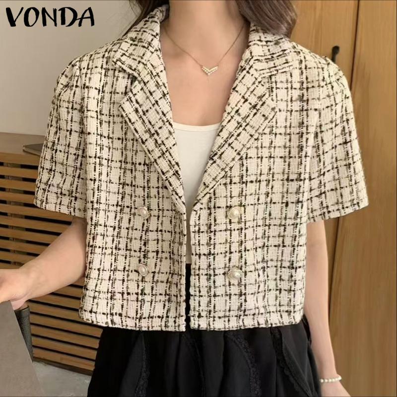 

VONDA Women Notched Lapel Short Sleeve Texture Plaid Casual Short Coats Suits