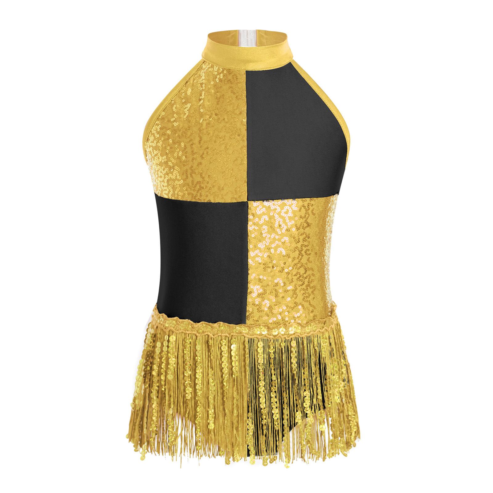 

Girls Sparkly Latin Dance Leotard Color Block Shiny Sequins Tassel Halter Sleeveless Performance Costume 5-6 Years