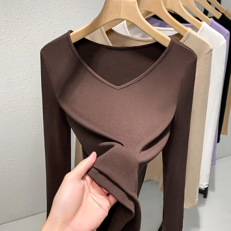 Threaded bottoming shirt women's new women's temperament v-neck long-sleeved t-shirt elastic inner waist top