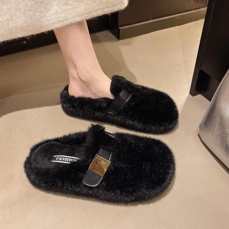 Thick bottom heightening fluffy slippers women's outer wear 2025 new autumn and winter high-end plush belt buckle cotton slippers