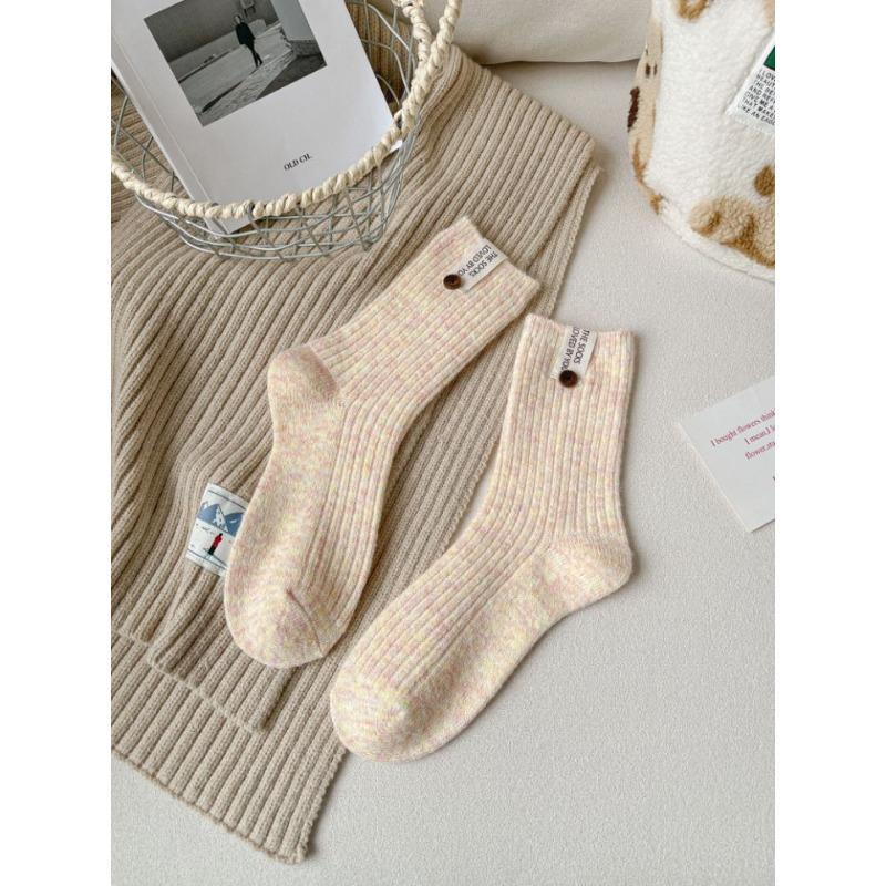 Women's Autumn and Winter Warm Solid Color All Purpose Fabric Logo Button Vertical Stripe Wool Tube Socks