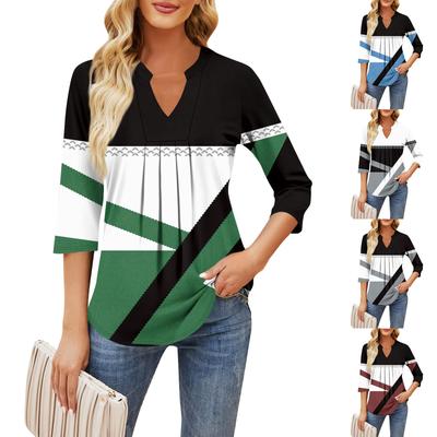 Women's Seven-quarter Sleeve Casual V-neck Chest Ruffle Print Loose T-shirt Tops