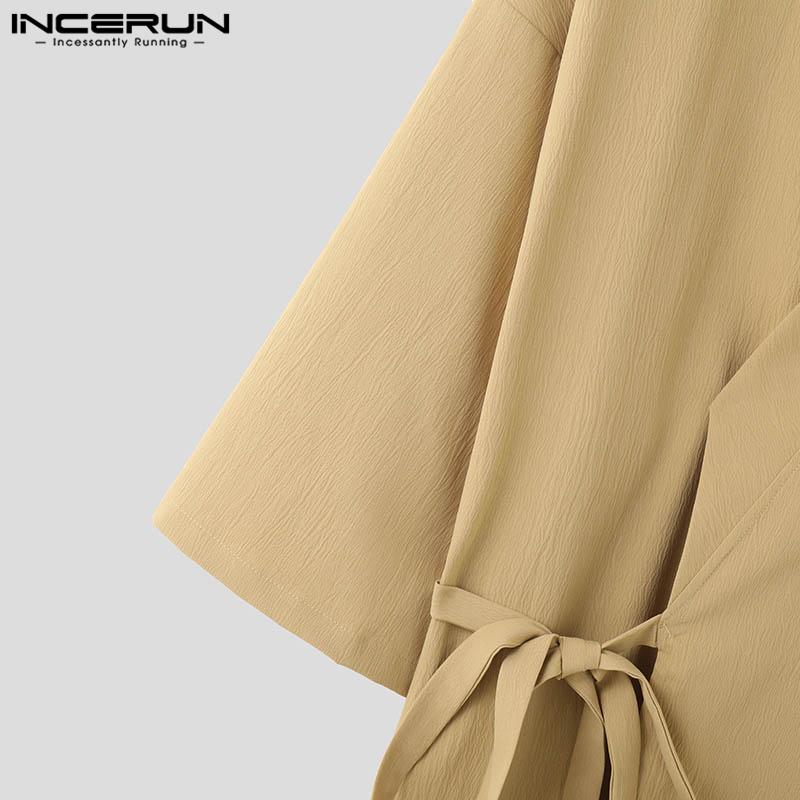 INCERUN Hauts à manches 3/4 pour hommes, chemises kimono amples et décontractées à lacets sur le devant