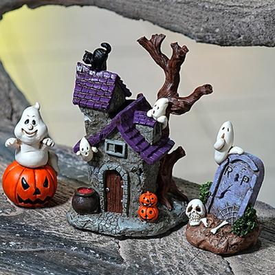Halloween Resin Ornament Creepy Haunted House Tomb Tree Demon Root Tombstone Statue with LED Light Cartoon Pumpkin Ghost Figurine Ornament