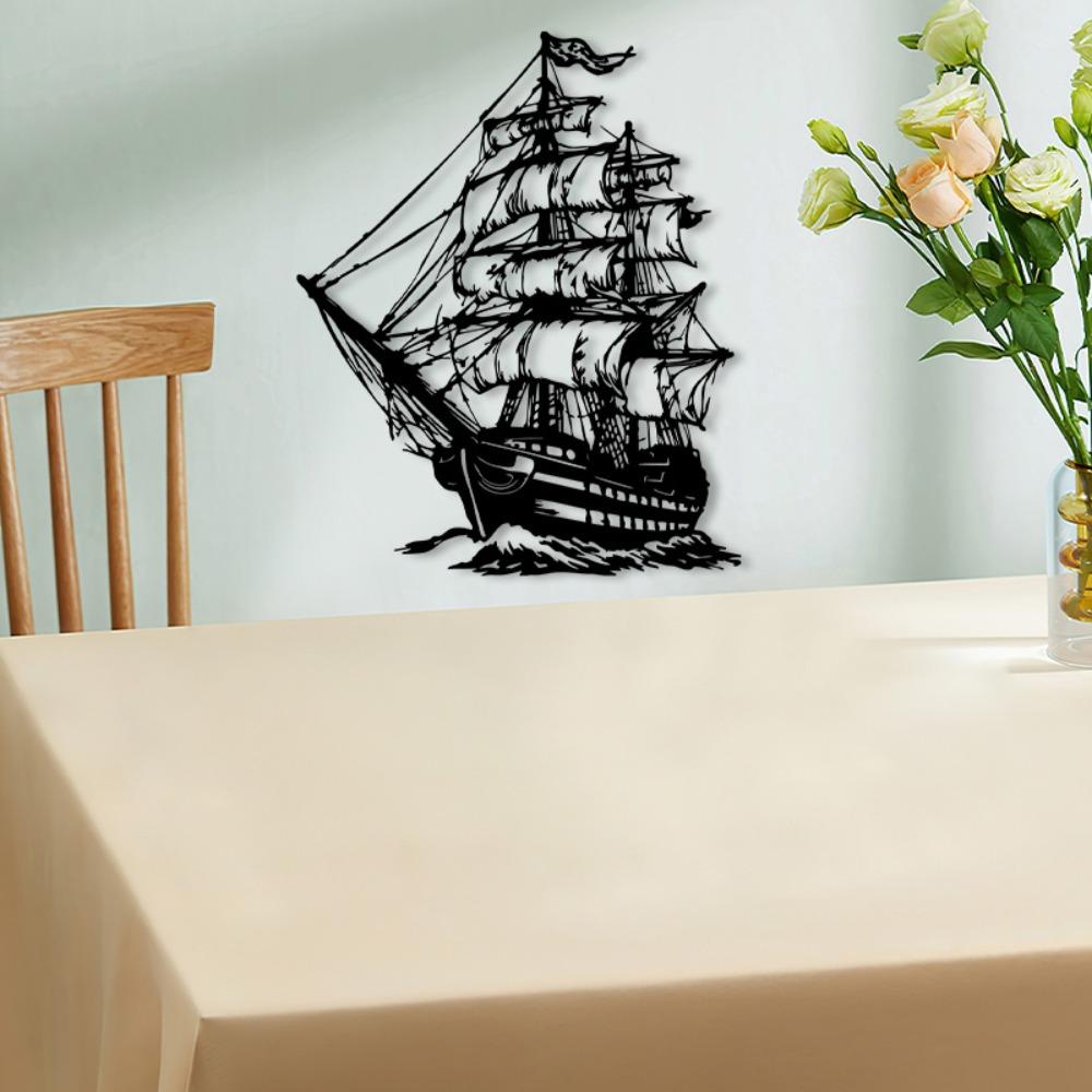 Pirate Ship Metal Wall Sculpture, Iron Art Mural for Beach House Decor, Nautical Farmhouse Ornament, Weatherproof Ocean Theme Gift