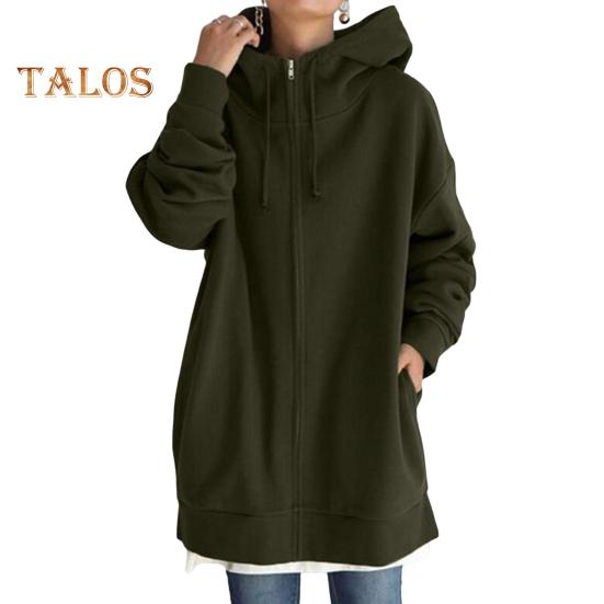 Fall Winter Hooded Jacket Zipper Closure Deawstring Hoodie Long Sleeves Loose Solid Color Warm Pockets Mid Length Neck Protection Coat