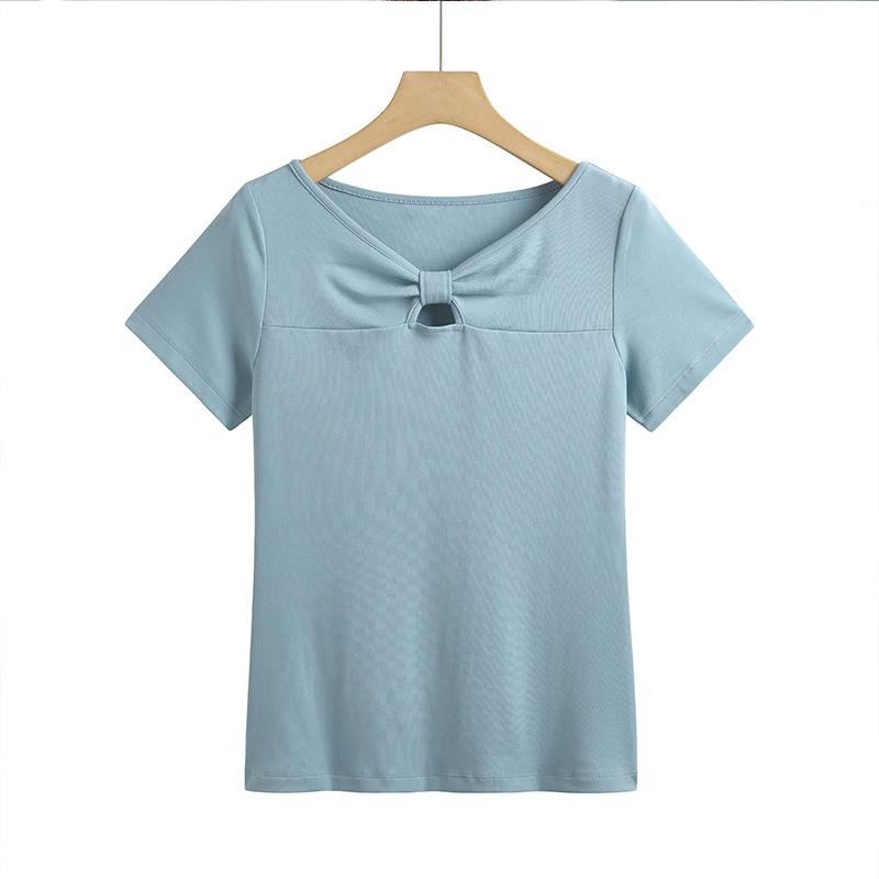 Hollow Chest Bowknot Sweet Korean Version of Slim Cotton Short-sleeved Women's T-shirt Fashion One-shoulder Half-sleeved Top