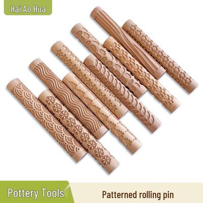 Children's Carved Pattern Embossed Beech Wood Rolling Pin for Clay Printing