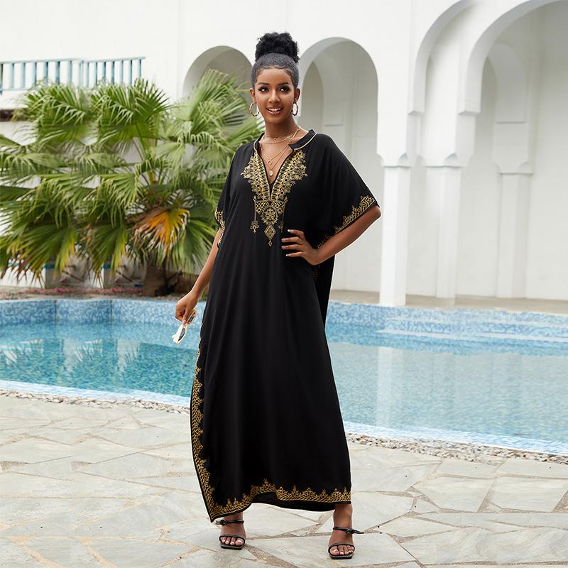EDOLYNSA Vestido playero bohemio negro con cuello de pico para mujer, Túnica larga, caftán Sexy, ropa de playa de talla grande, traje de baño Q1545 2024