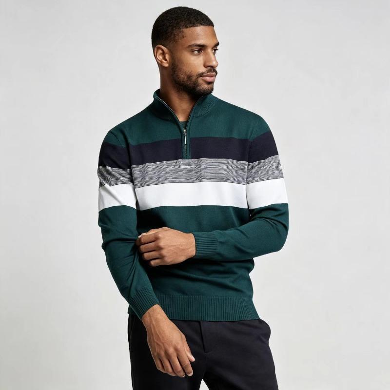 Men Slim Fit Stand Collar Zip Pullover Knit Sweater Fashion Casual Warm