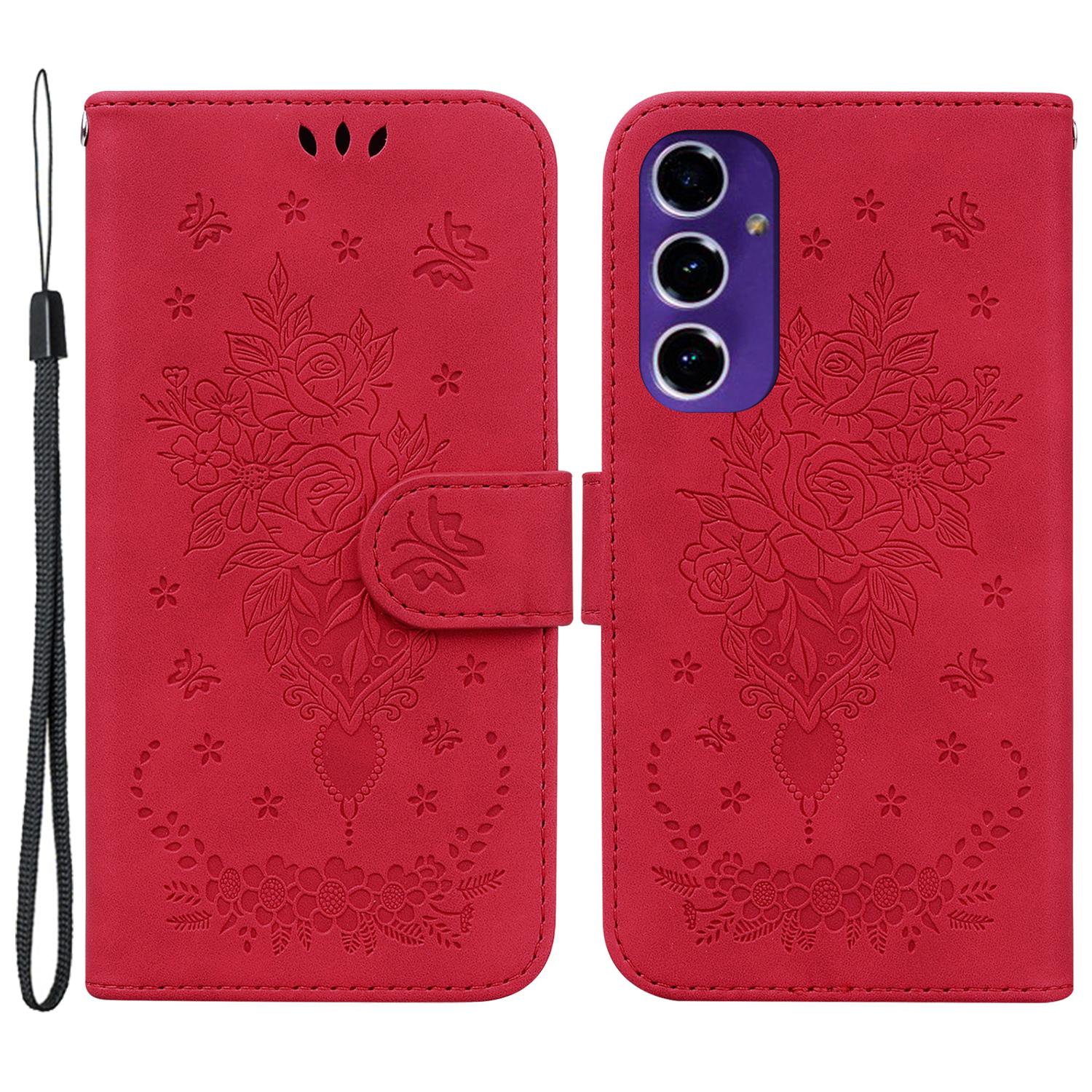 

Wallet Phone Stand Case for Samsung Galaxy S24 FE PU Leather+TPU Phone Cover with Butterfly Flower Imprinted Pattern Red