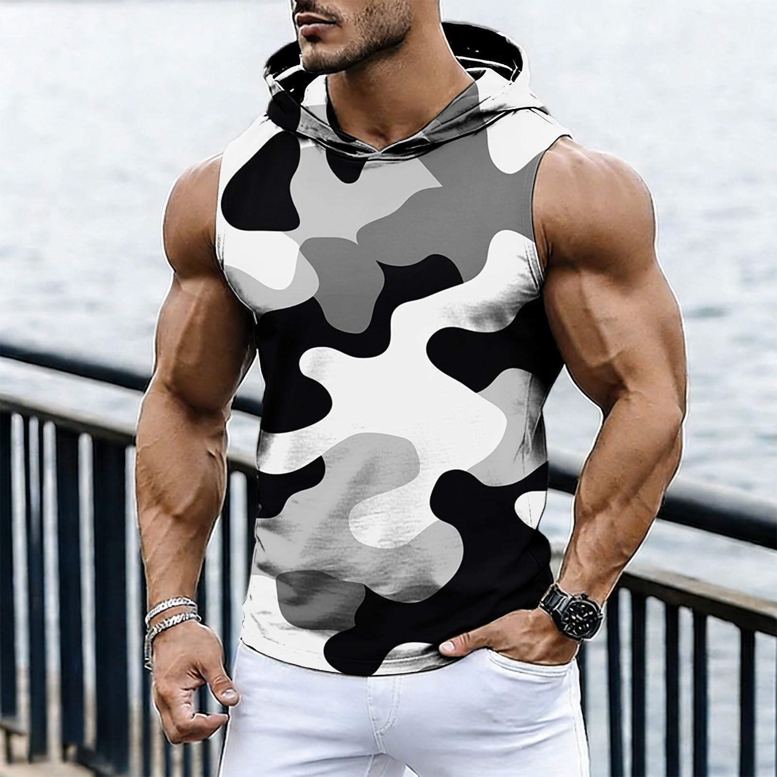 

Men s Casual Fashion Printed Sleeveless Hooded Tops | Lightweight Summer Hooded Tank Tops L чёрный
