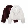 Womens Short Faux Fur Coat With Lapel Collar Long Sleeve 2025 Elegant Chic Outerwear In White Burgundy Coffee
