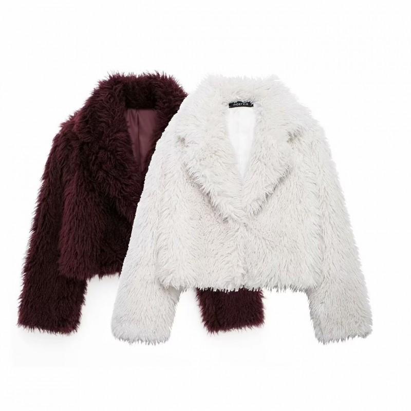 Womens Short Faux Fur Coat With Lapel Collar Long Sleeve 2025 Elegant Chic Outerwear In White Burgundy Coffee