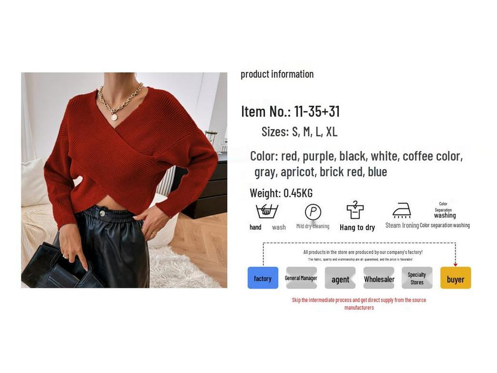 2025 European & American Autumn/Winter V-Neck Crossover Crop Top Pullover Sweater Cardigan