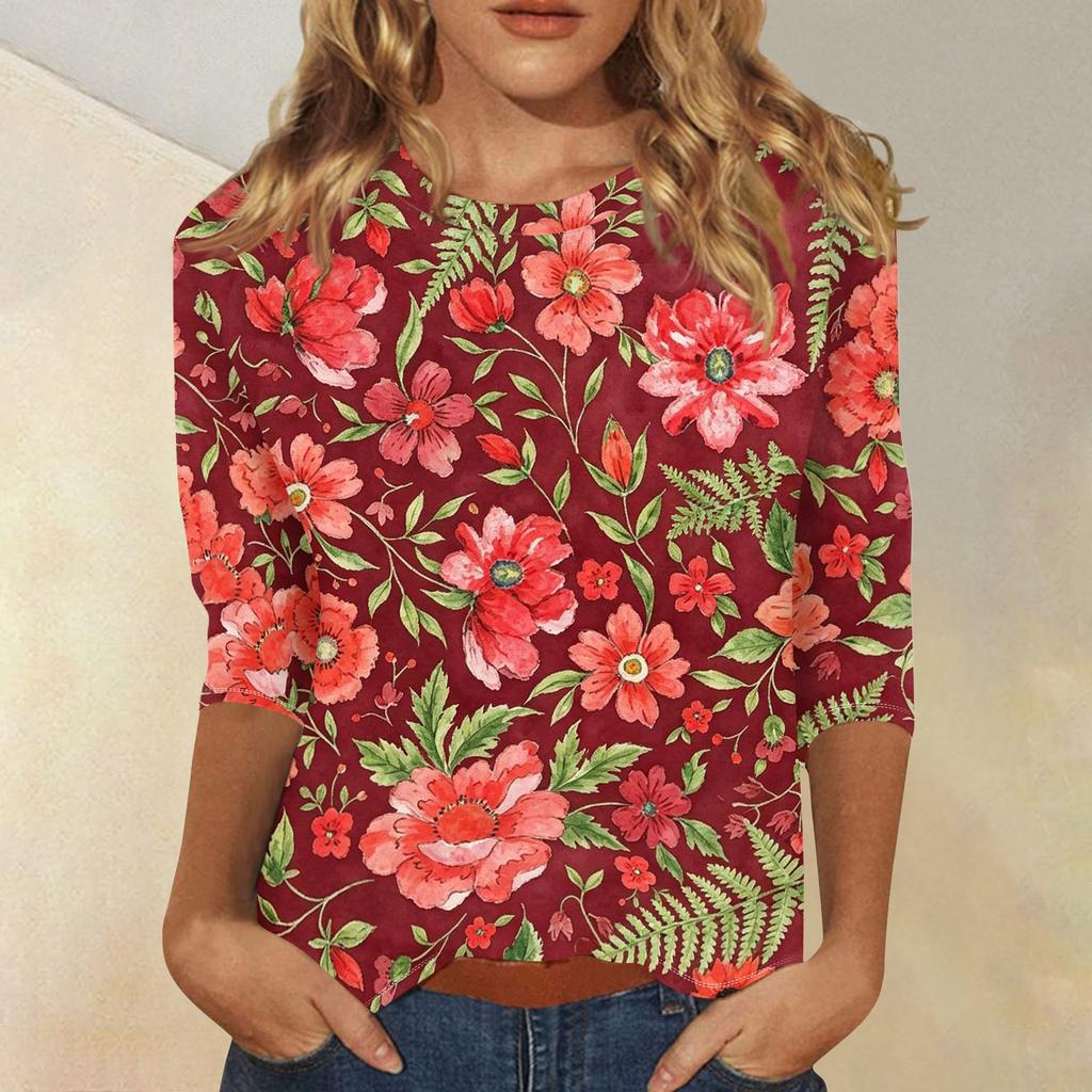 Women’s Casual Floral Print Crew Neck Top with Three Quarter Sleeves Relaxed Fit Lightweight Blouse for Everyday Wear