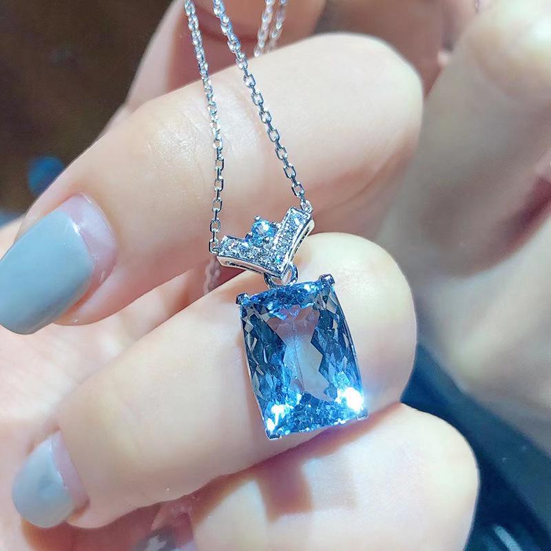 S925 Sterling Silver Luxury Blue Aquamarine Clavicle Necklace, 2021 Design