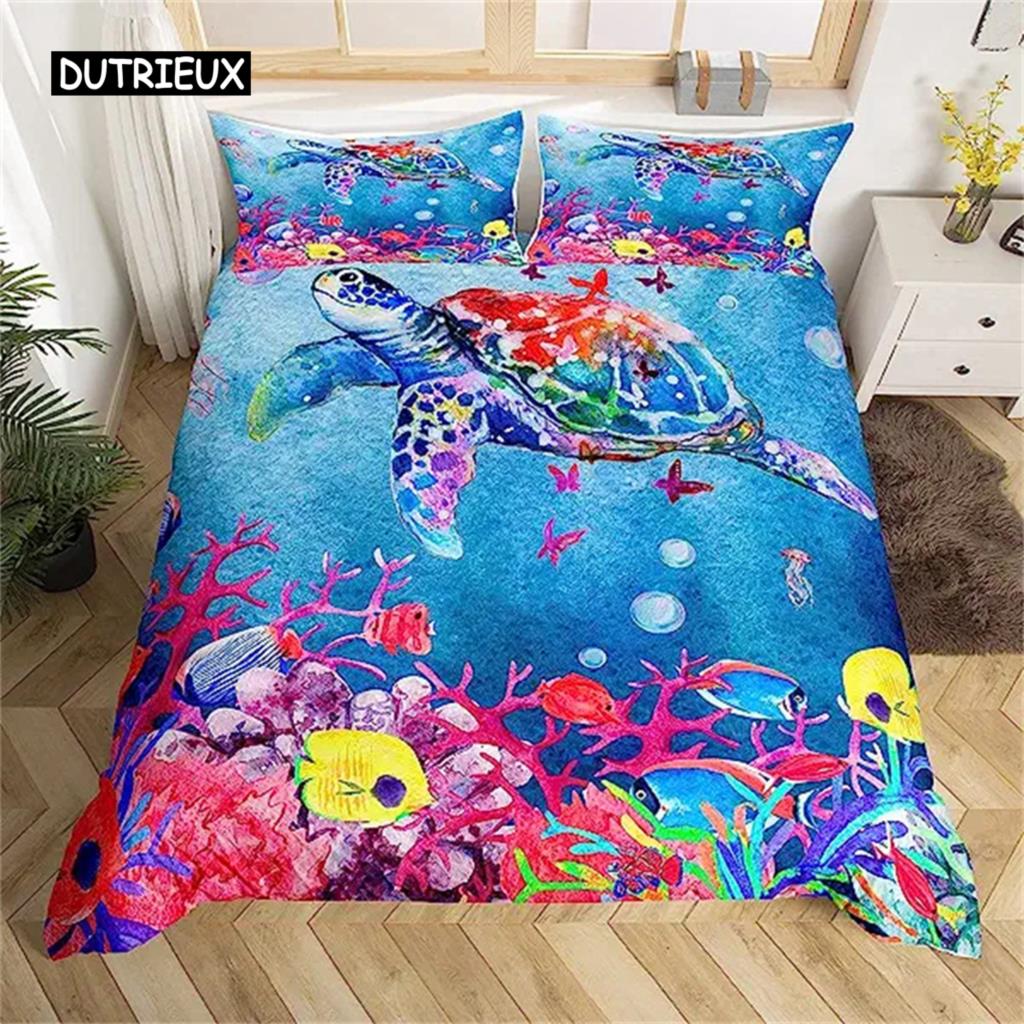 

Пододеяльник с изображением морской черепахи, зеленый, синий, океан, комплект постельного белья, красочный подводный мир для детей, женщин, морских животных, рептилий EU single(135x200cm)