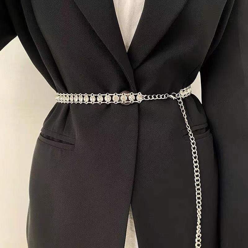 European and American Punk Rhinestone Inlaid Waist Chain Women's Chain Ins Fashionable Versatile Thin Waist Chain Decorative Skirt Suit Belt
