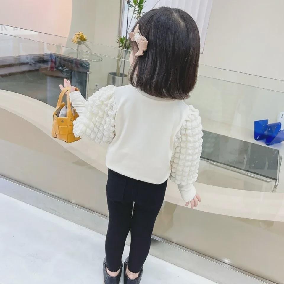 Girls' Thickened Puff Sleeve Long-Sleeve T-Shirt, Half-High Collar, Spring/Autumn , Baby & Toddler Top