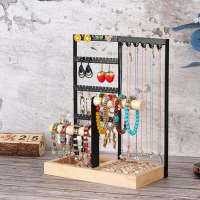 Multi-Tier Jewelry Organizer Stand with Wooden Tray Sturdy Structure Necklaces Earrings Bracelets Rings 48 Earring Holes 6 Necklace Shelves