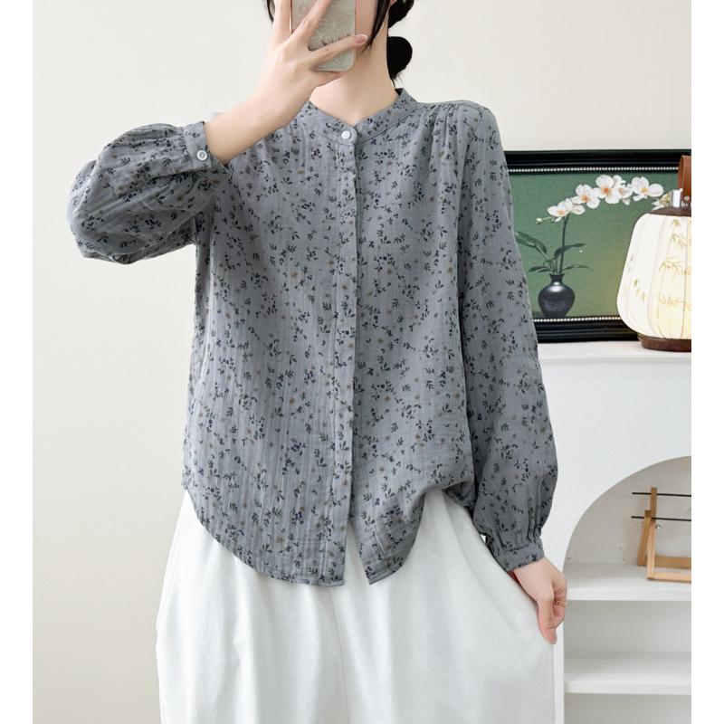 Spring 2026 Women's Printed Cotton Gauze Long Sleeve Stand Collar Cardigan Shirt