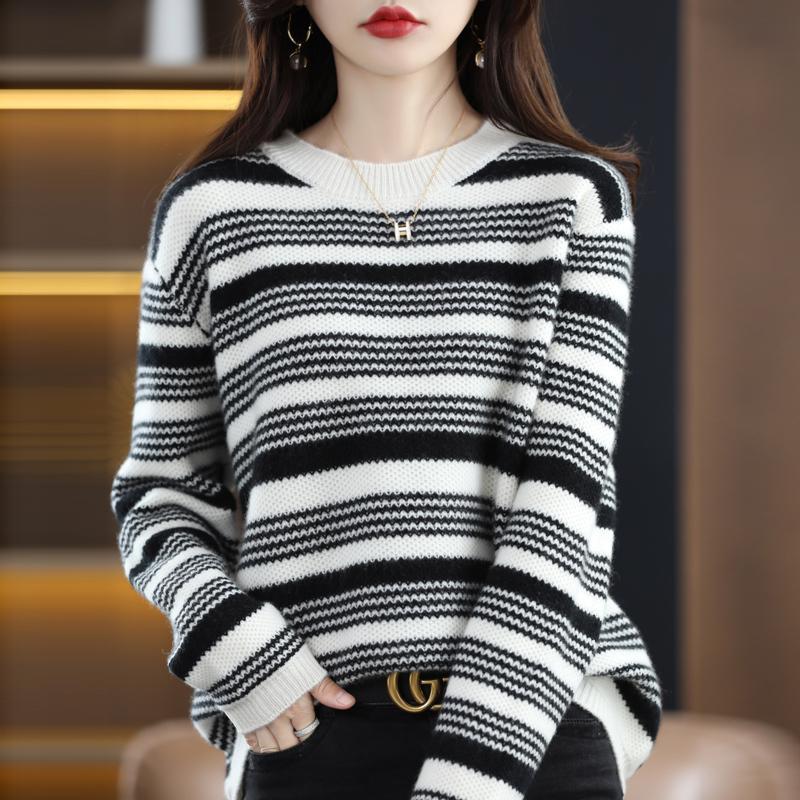 Autumn Winter Women's Versatile Loose Crew Neck Striped Sweater Knit Base Layer Trendy Top
