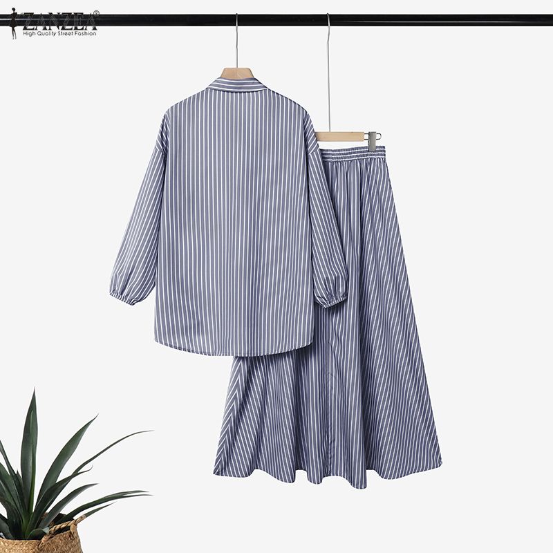 ZANZEA Women Long Sleeve Blouse and Long Skirts Stripe Print Two Piece Suit Sets