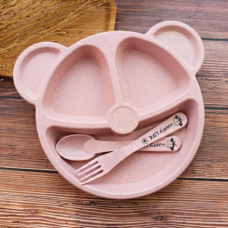 Wheat Bear Kids Dinner Set: Creative Compartment Plate, Breakfast Plate, Fork & Spoon for Babies