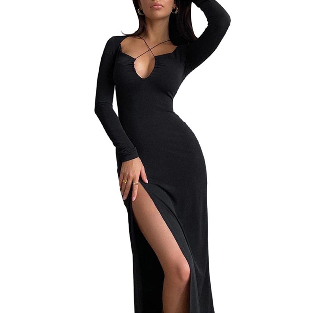 Women Hollow Out Sexy Bodycon Dress Long Sleeve Solid Color Backless Dress Party Club Dress Streetwear