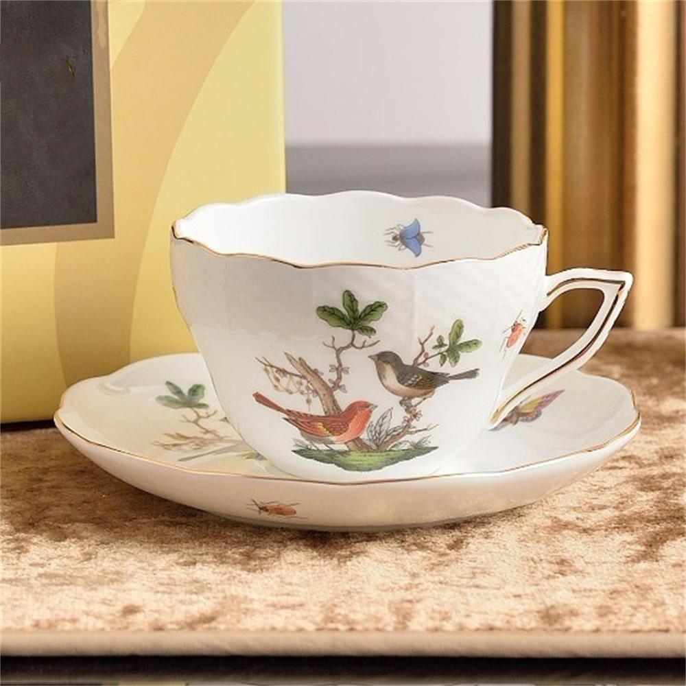 Creative Afternoon Tea Coffee Cup And Saucer Flower And Bird Printing Black Tea Cup Set Kitchen Supplies Cup And Saucer Gift
