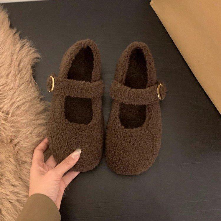 Inner height increase Mary Jane wool shoes women's 2025 new one-pedal lazy shoes one-word buckle with lamb wool single shoes