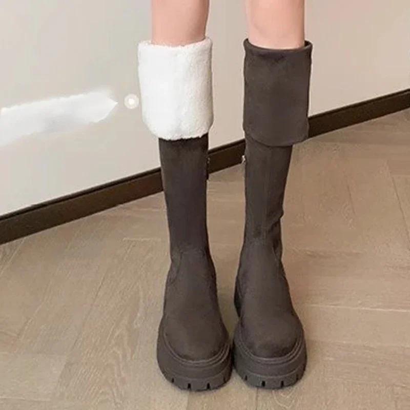 Women Mid Heels Over The Knee Suede Chelsea Boots New Platform Designer Luxury Shoes Goth Brand Walking Gladiator