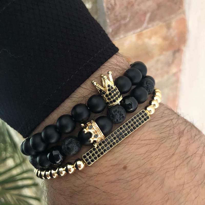 Matte Black Cubic Zirconia Ball & UFO Pendant Braided Bracelet Set
