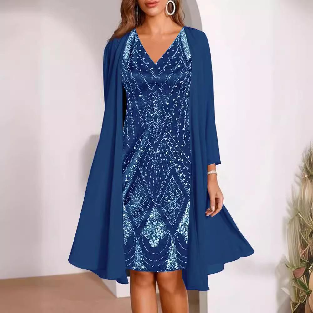 Women's Blue Sequin V-Neck Dress with Matching Cardigan, Available In 6 Colors