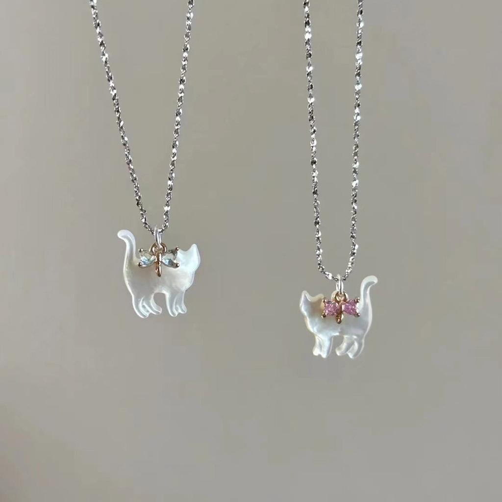 Trendy Zircon Bow Cat Pendant Necklace Fashionable Neckchain Women Collarbone Chain Adjustable Choker Accessories