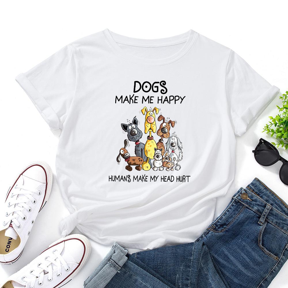 Dogs Make Me Happy Cotton T-Shirt Short Sleeve Round Neck Women 2d Print Tops