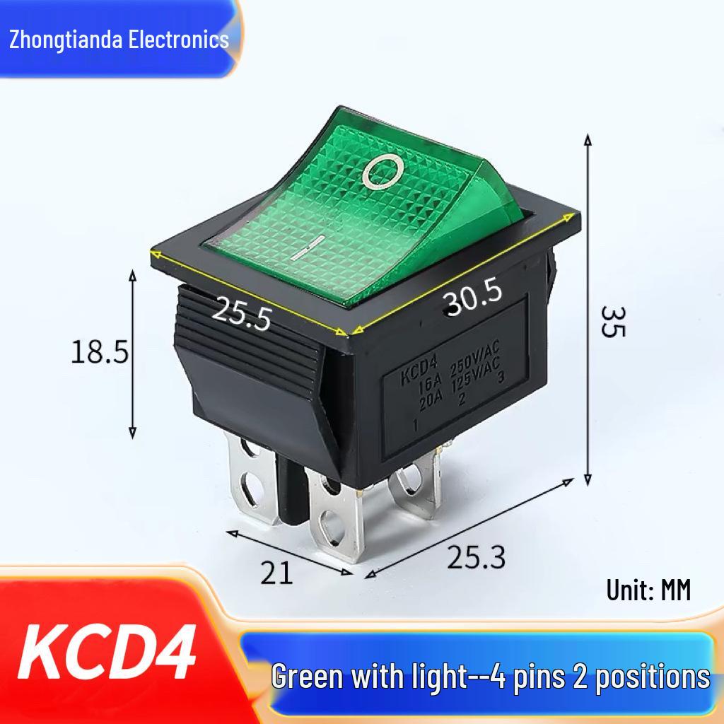 KCD4 Rocker Switch, Double Pole, 16A, 4/6 Pin with Light