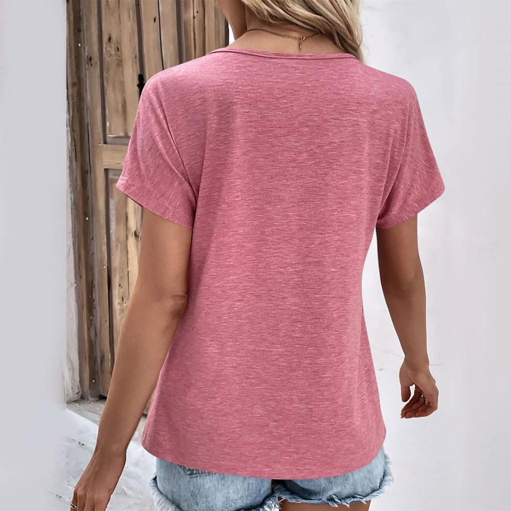 Yousheng Damen T-Shirt V-Ausschnitt Kurzarm Locker Geschnittenes T-Shirt Knöpfe Dekor Einfarbig Pullover Tops Alltagskleidung