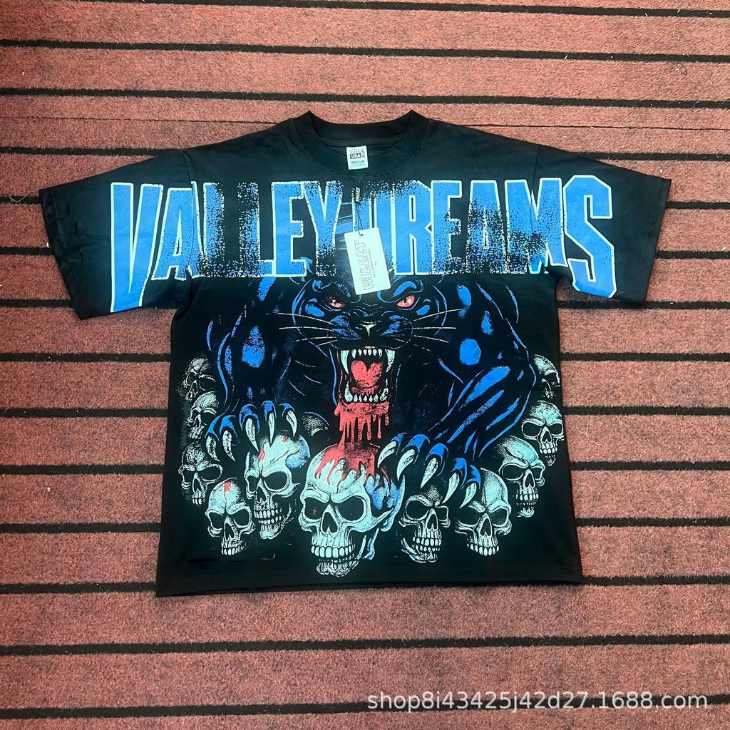 2025 Amerikanische trendige Marke Vall gewaschen alt bedrucktes kurzärmeliges Hip-Hop lockeres Streetwear-T-Shirt für Männer und Frauen