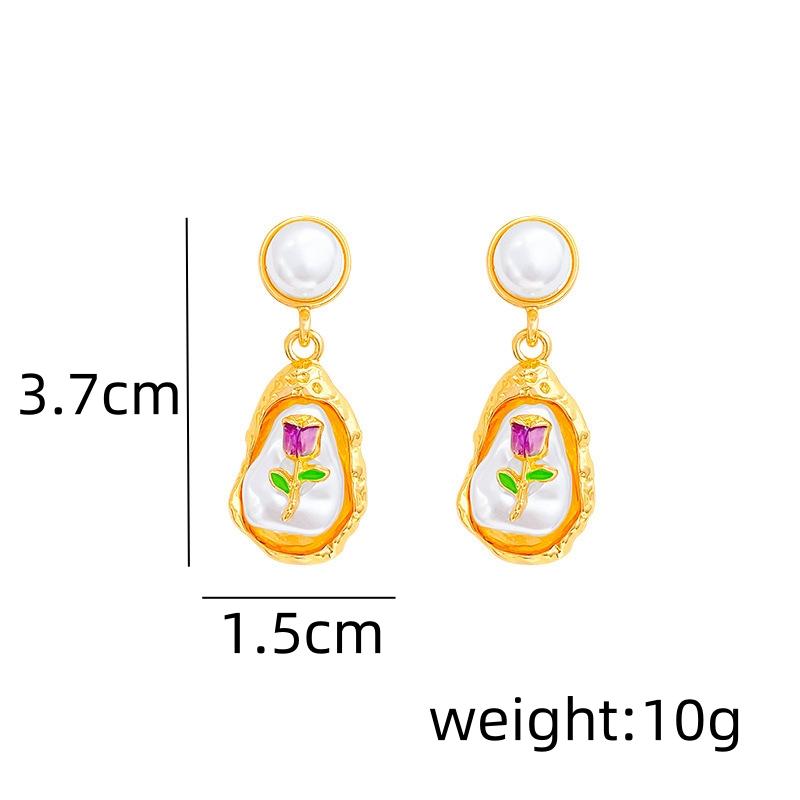 Baroque Imitation Pearl Flower Waterdrop Dangle Earrings for Women Painting Style Elegant Punk Simple Jewelry Trend Accessories