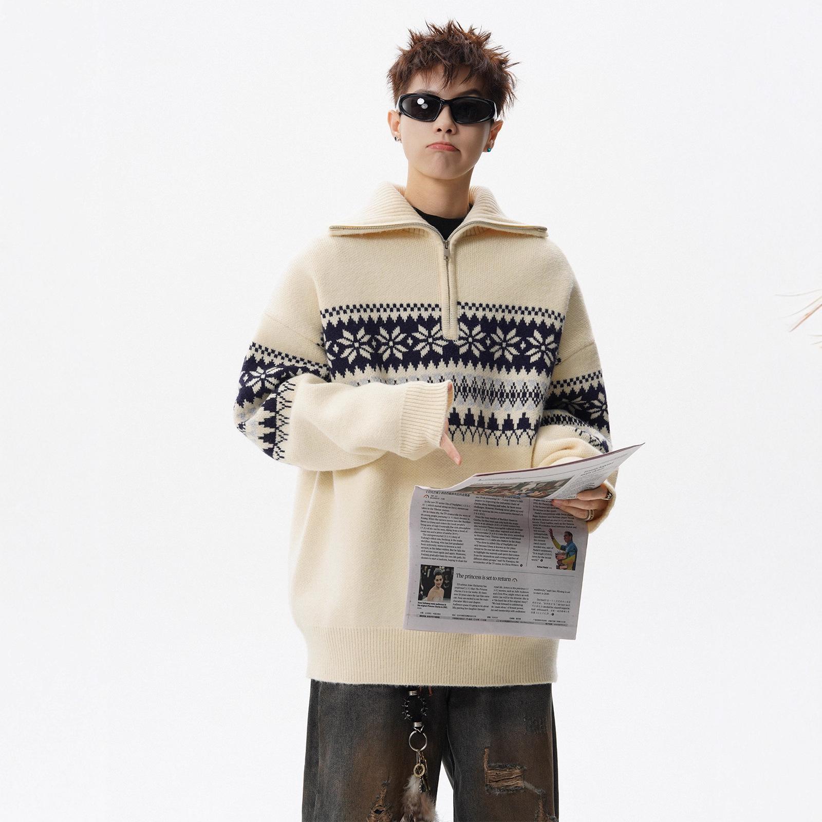 Men s Retro American Beige Jacquard Knit Half-Zip High-Neck Sweater with Color Block Lapel. XXL