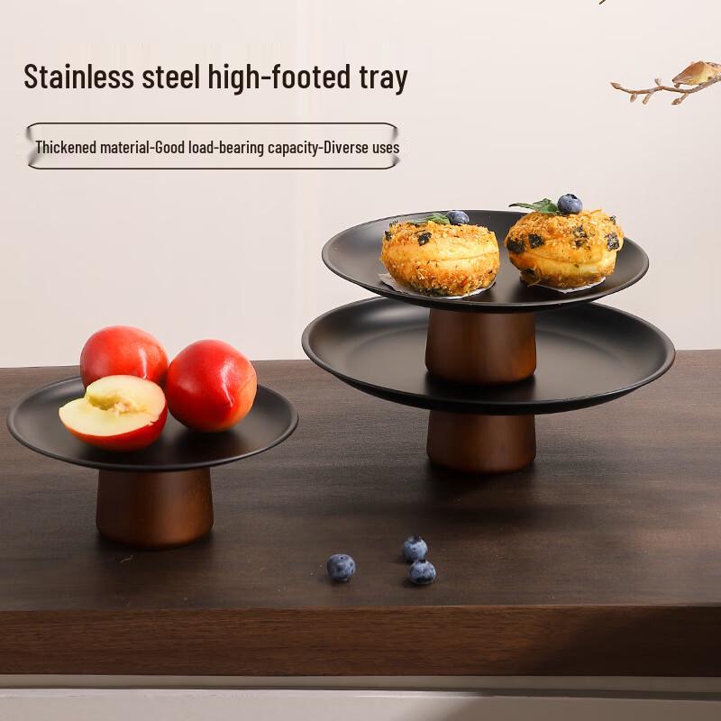 Nordic Solid Wood & Stainless Steel Pedestal Serving Plate 17cm Small